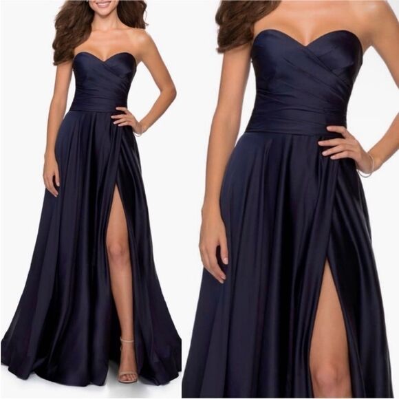 La Femme 28608 Strapless Slit Satin Ballgown sweetheart navy Size 14 NWT - Picture 2 of 5